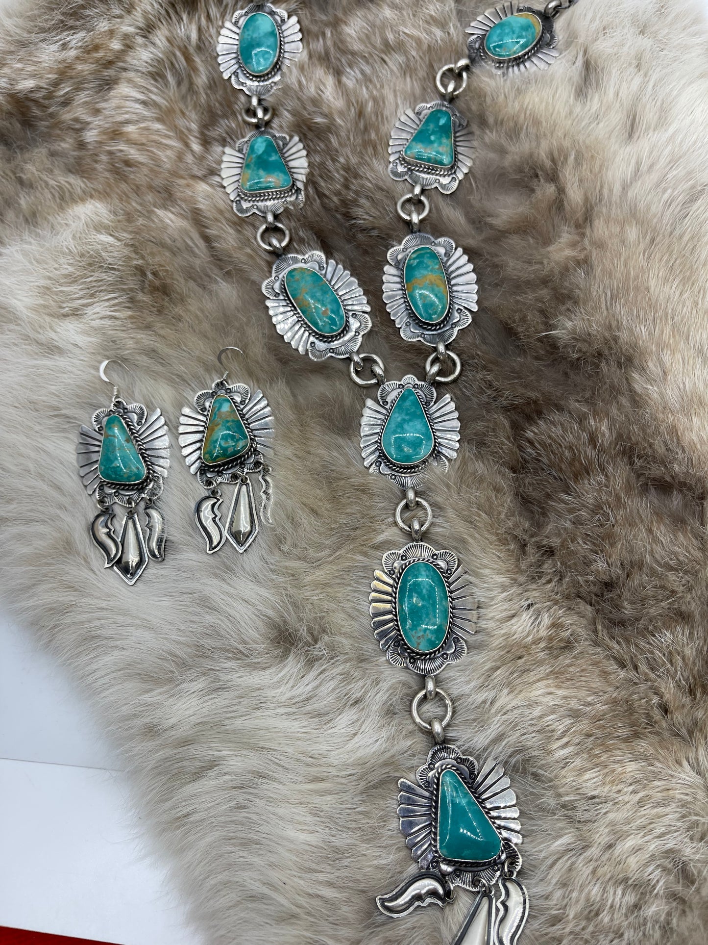 Royston Turquoise Lariat Necklace & Earring Set by Delayne Reeves, Navajo