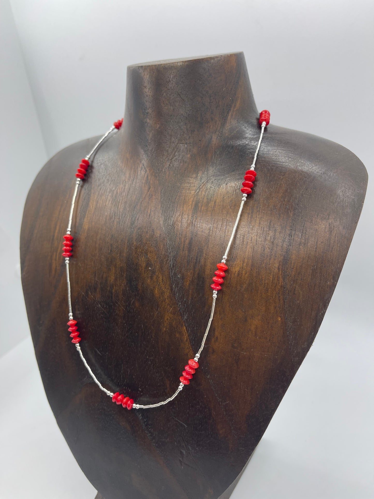 18" Red Coral Cut Bead Necklace On Liquid Silver