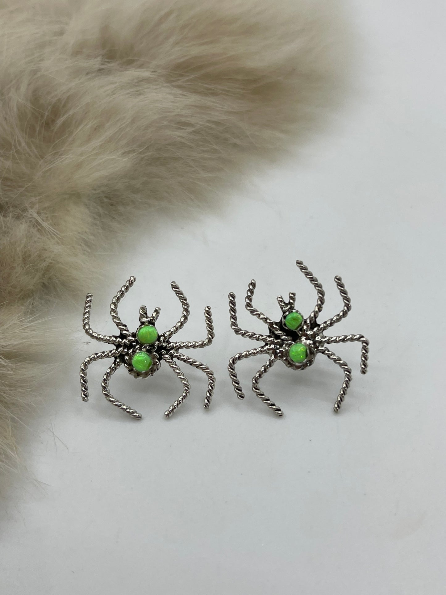 Green Opal Spider Post Earrings by Gilber Weebothee, Zuni