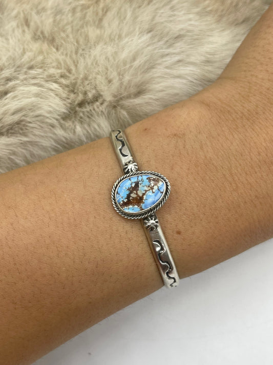 5.25" - 7" Golden Hills Turquoise Stamped Cuff by Samuel Yellowhair, Navajo