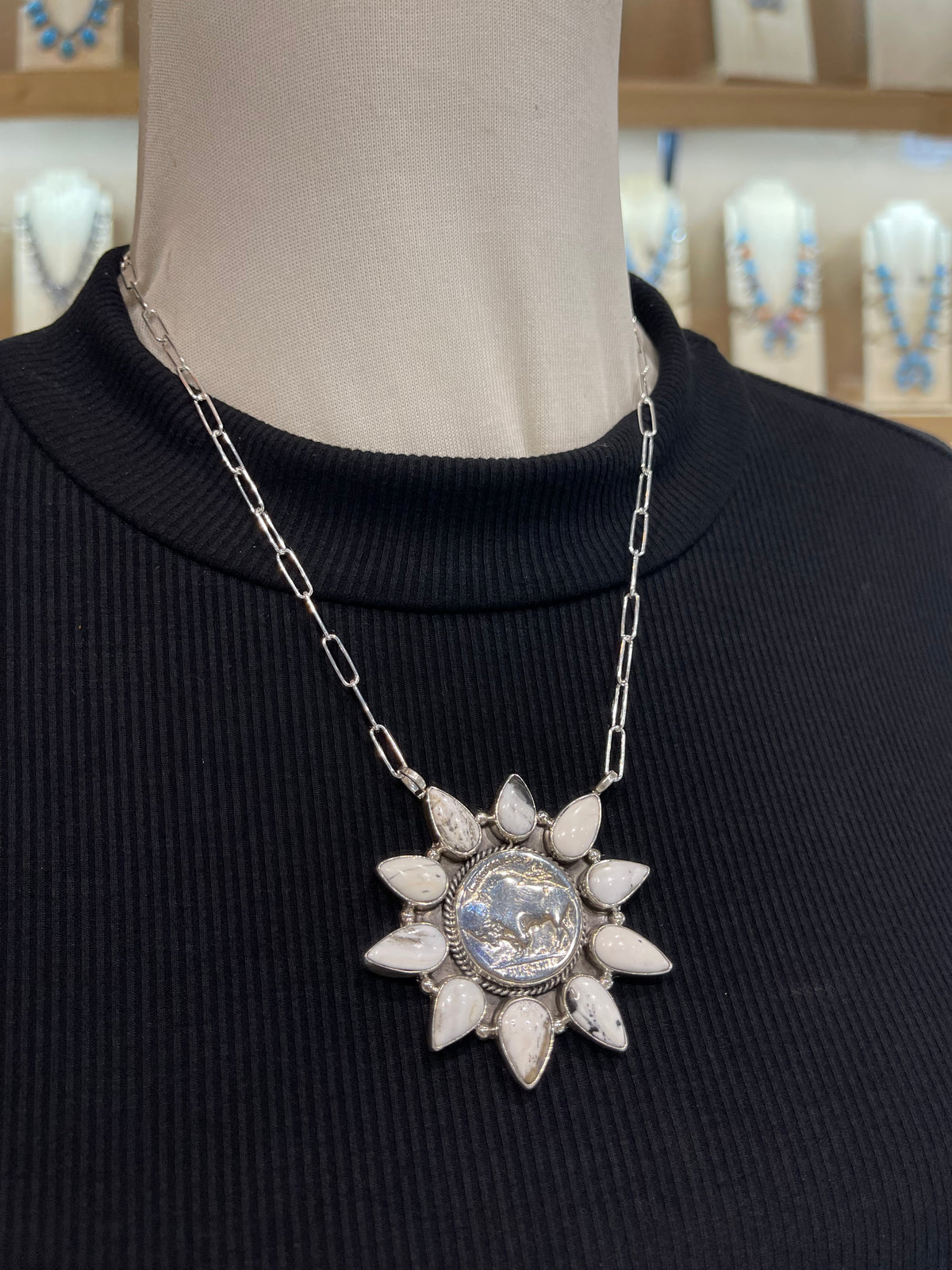 18" White Buffalo Cluster Necklace with Buffalo Nickel