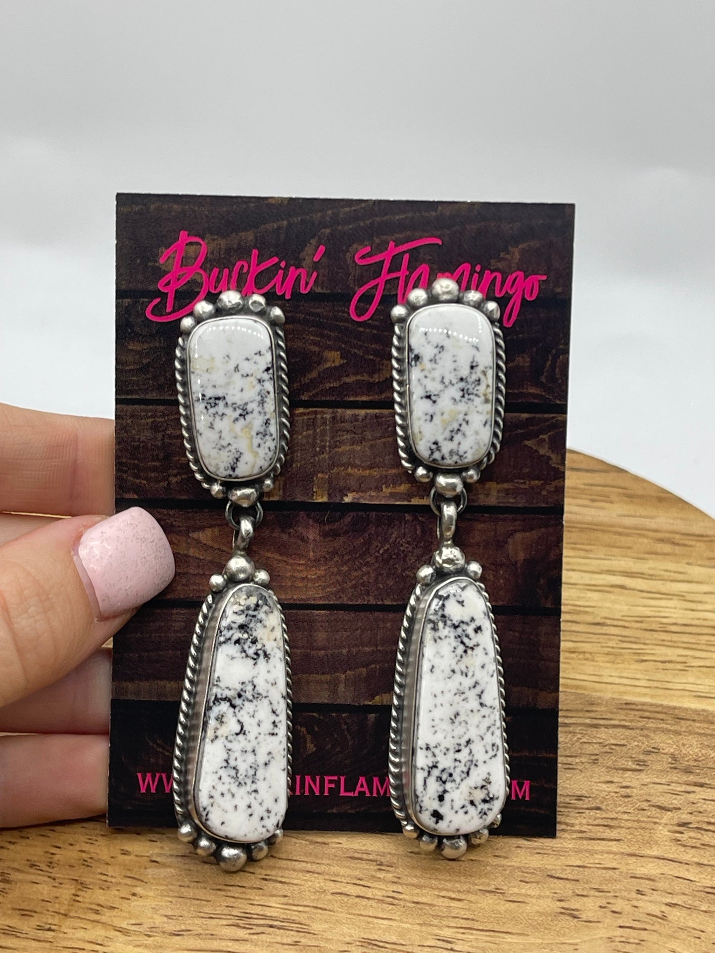 2 Stone White Buffalo Post Dangle Earrings by Elouise Kee, Navajo