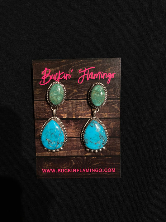 Green Blue Turquoise 2 Stone Dangle Post Earrings by Frannie Platero, Navajo