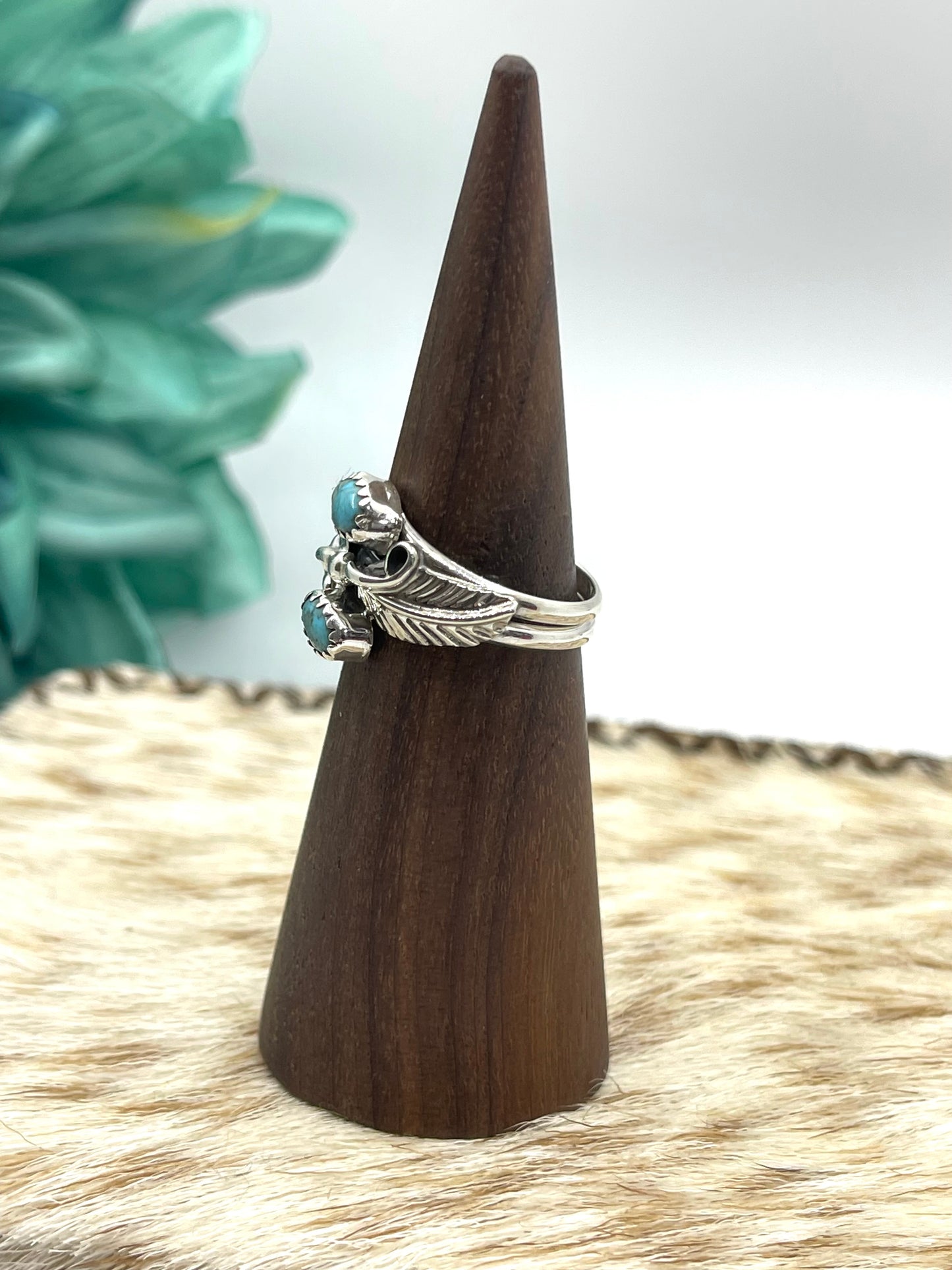 7.0 2 Stone Turquoise & Feather Ring By Harry B Yazzie