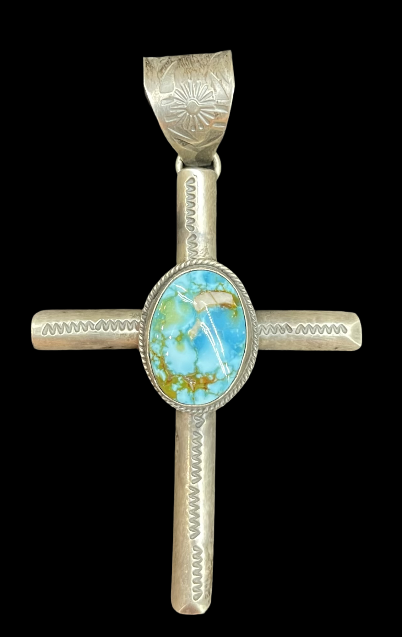 Sonoran Gold Turquoise Oval Cabochon on Cross Pendant by Bison Navajo