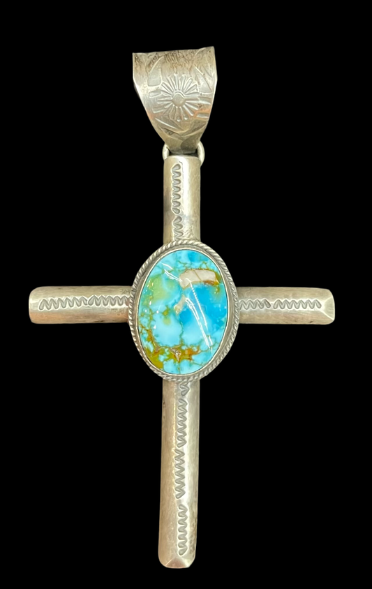 Sonoran Gold Turquoise Oval Cabochon on Cross Pendant by Bison Navajo