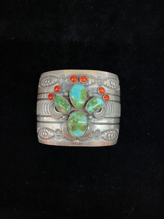 Sonoran Gold Turquoise and Red Coral Cactus Stamped Cuff by J. Nelson, Navajo
