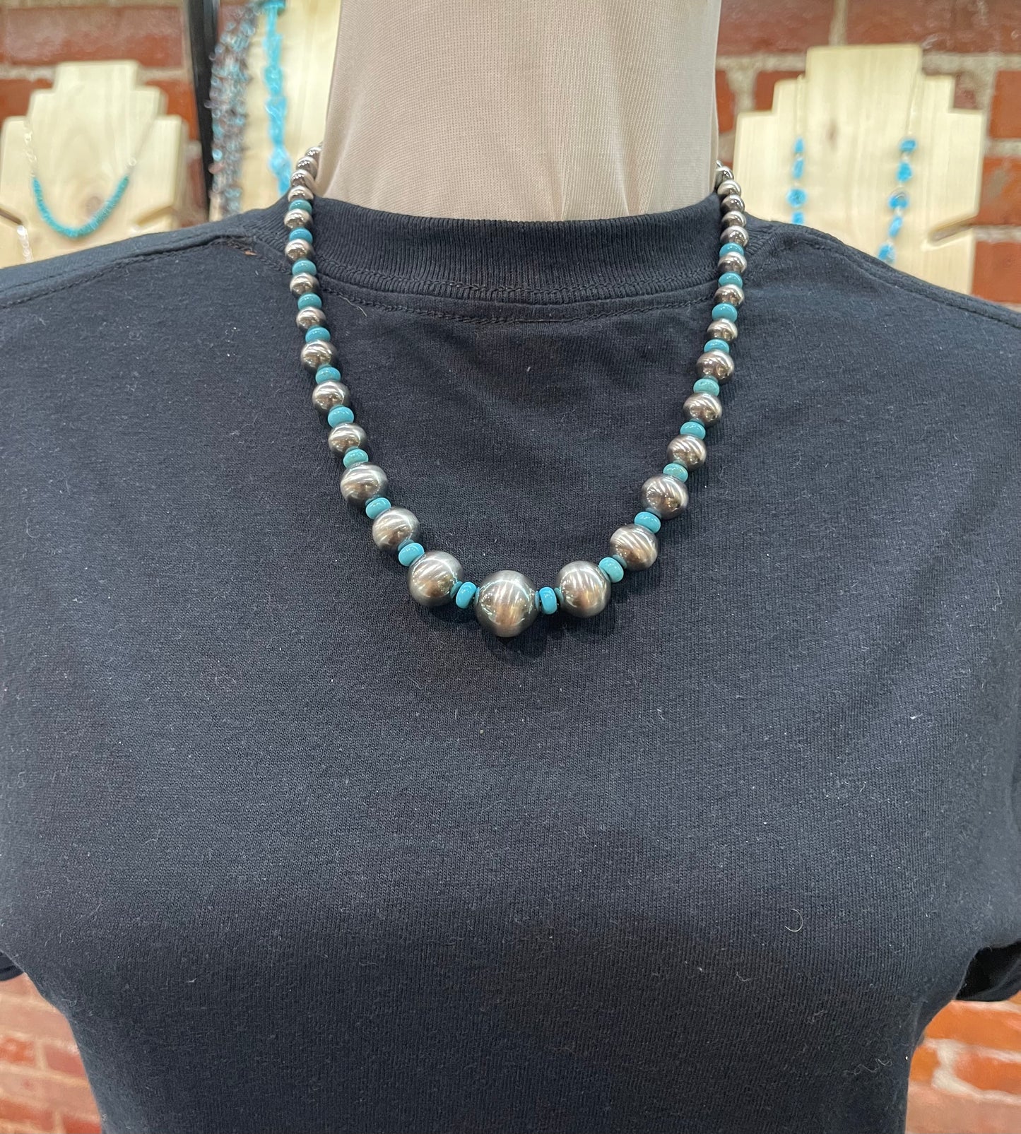 20" Graduated 5mm to 16mm Navajo Pearls with Turquoise