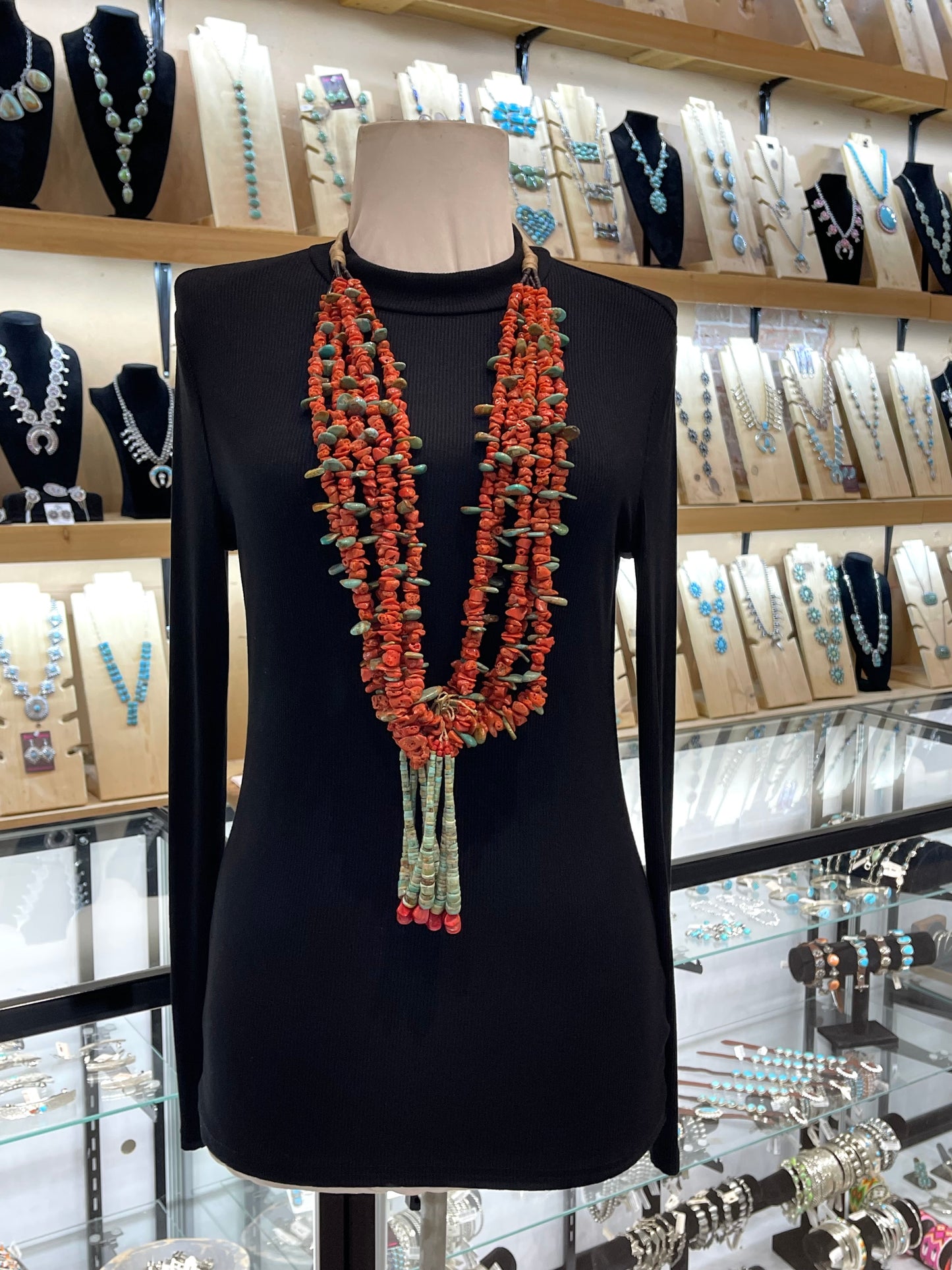 36" 5 Strand Natural Red Coral & Royston Turquoise Necklace by Jolene Bird, Santo Domingo