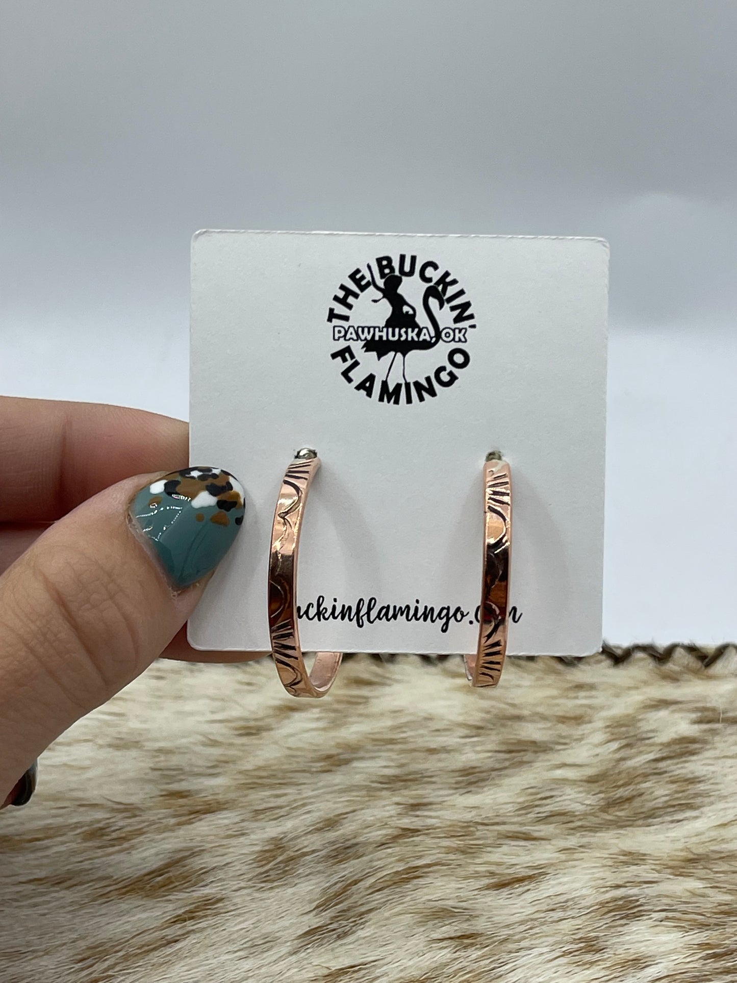 Copper Stamped Post Hoop Earrings by Elaine Tahe, Navajo