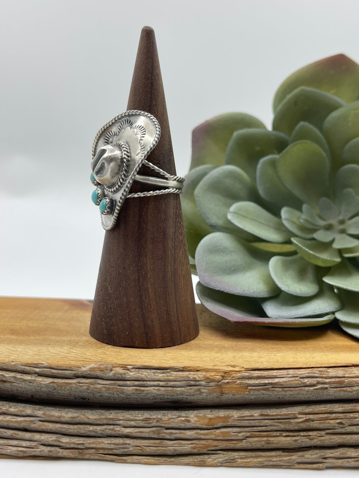 9.0 Sterling Cowboy Hat Ring with 3 Turquoise Stones by Bobby Platero, Navajo