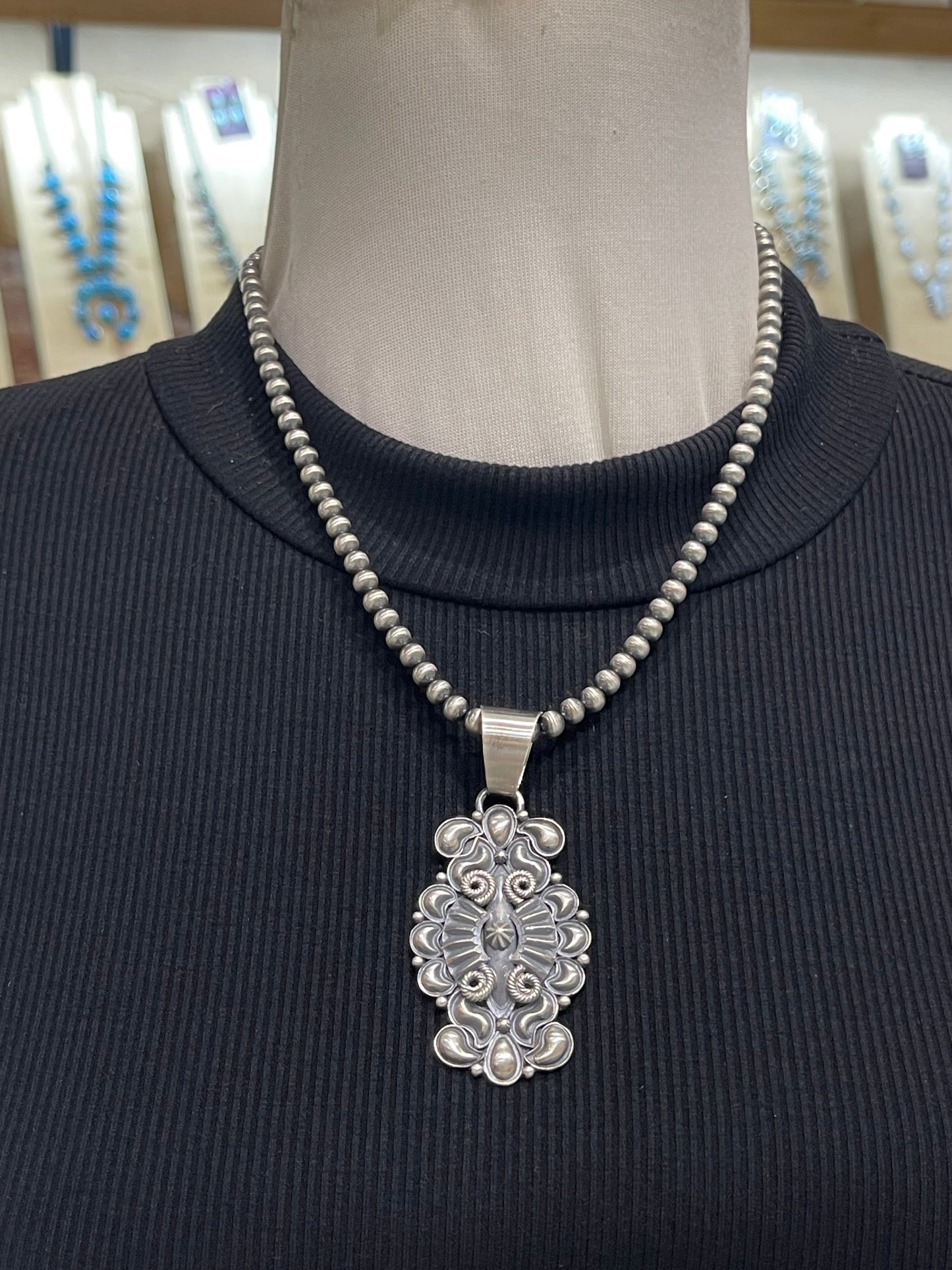 18" 5mm Navajo Style Pearls Silver Concho Pendant by Derrick Gordon, Navajo