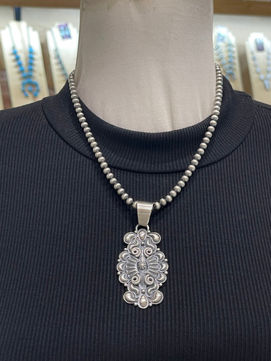 18" 5mm Navajo Style Pearls Silver Concho Pendant by Derrick Gordon, Navajo