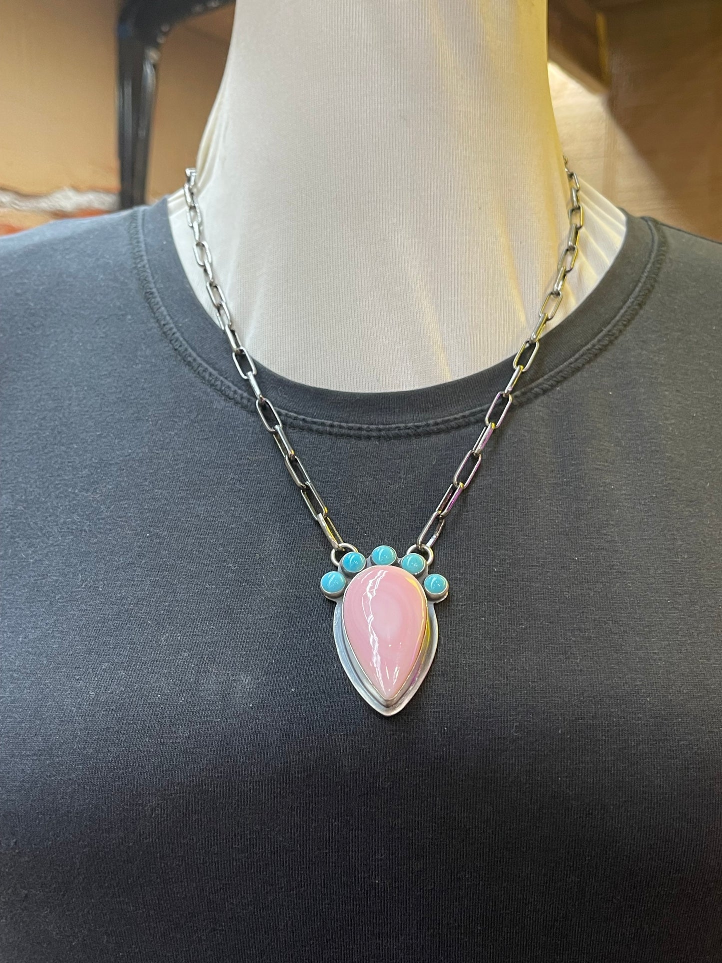 Turquoise and Pink Conch PaperClip Necklace