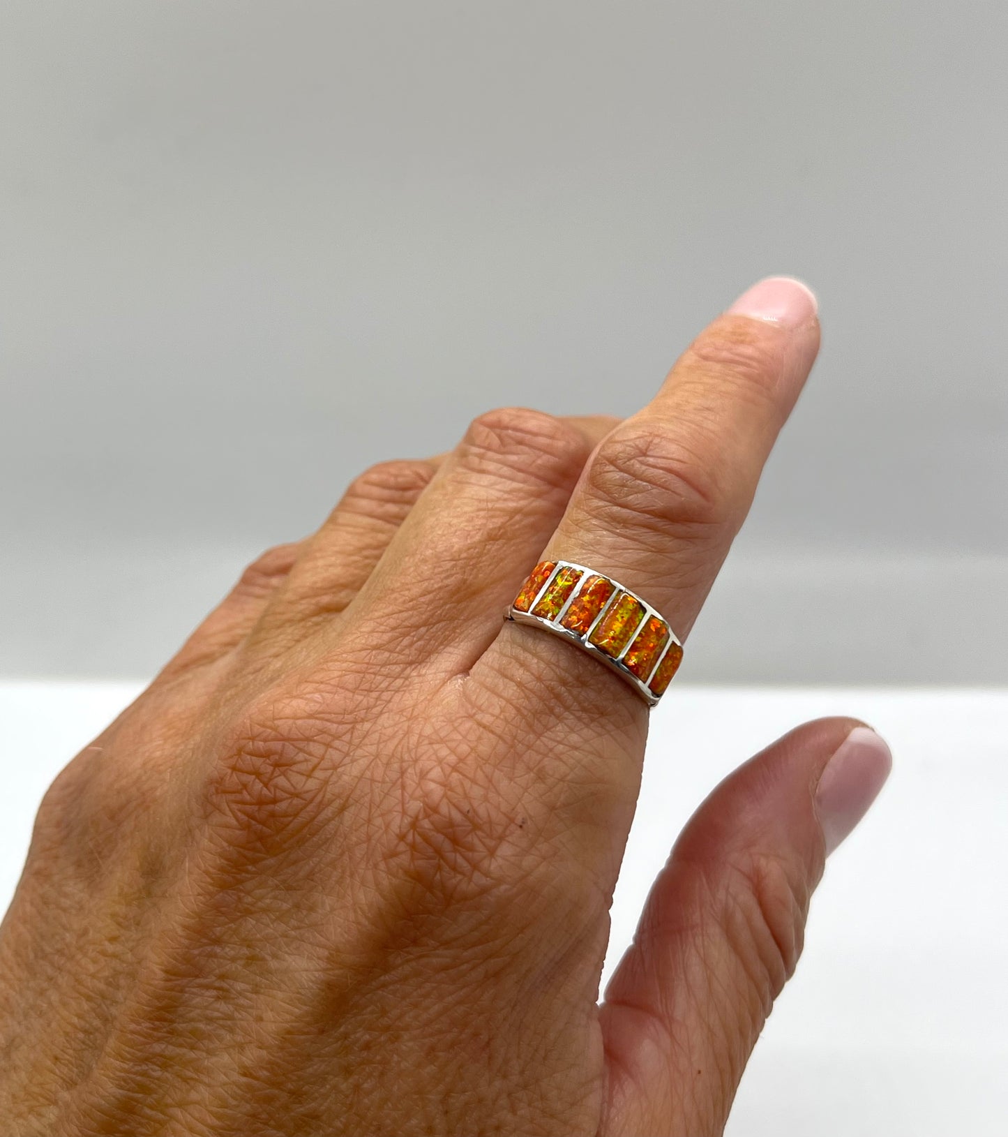 6.0 Orange Opal Inlay Ring by Juanita Tucson, Zuni