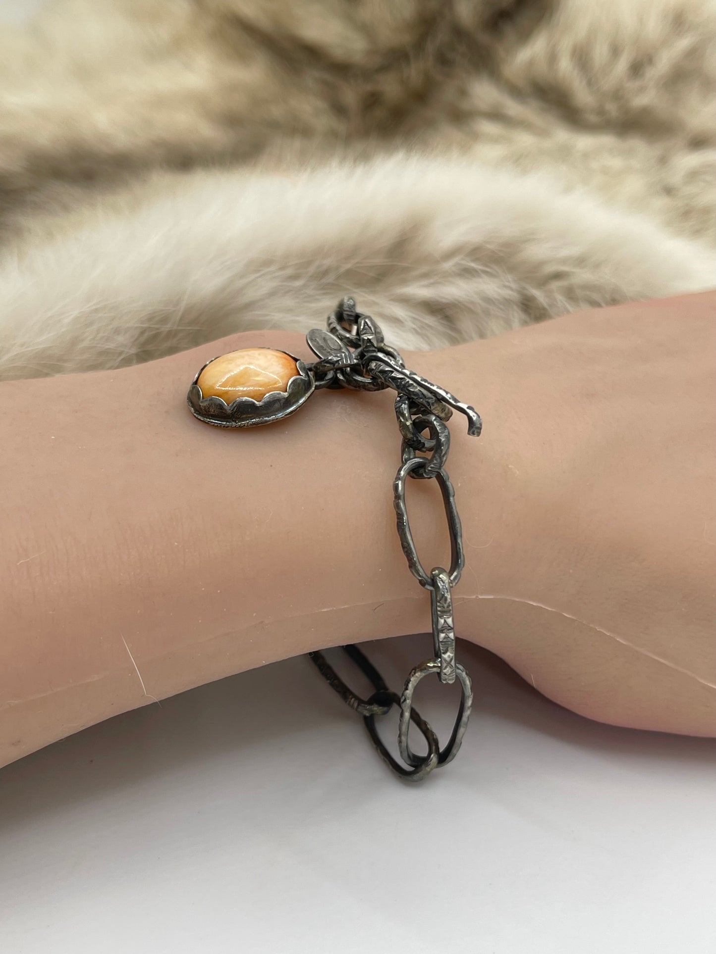 6.75" Handmade Paperclip Link Bracelet with Orange Spiny Oyster by Bad Bronc