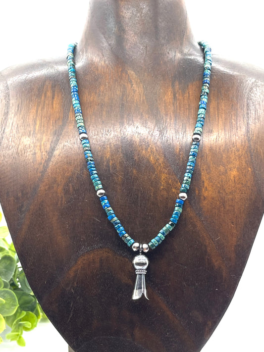 16" Magnesite Necklace With Silver Beads & Silver Blossom