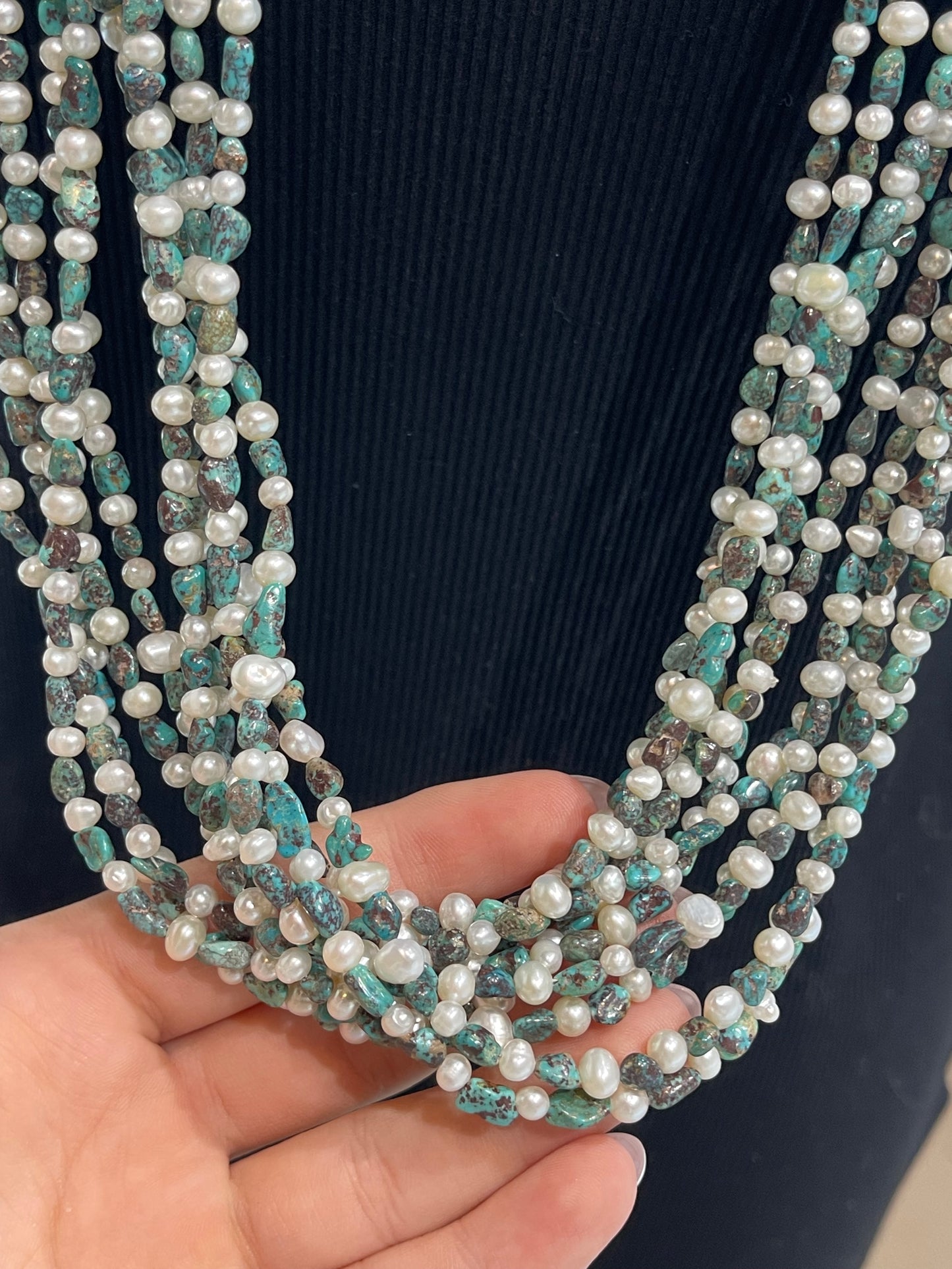 32" 10-strand Freshwater Pearl Necklace & Turquoise Necklace by Jolene Bird, Santo Domingo