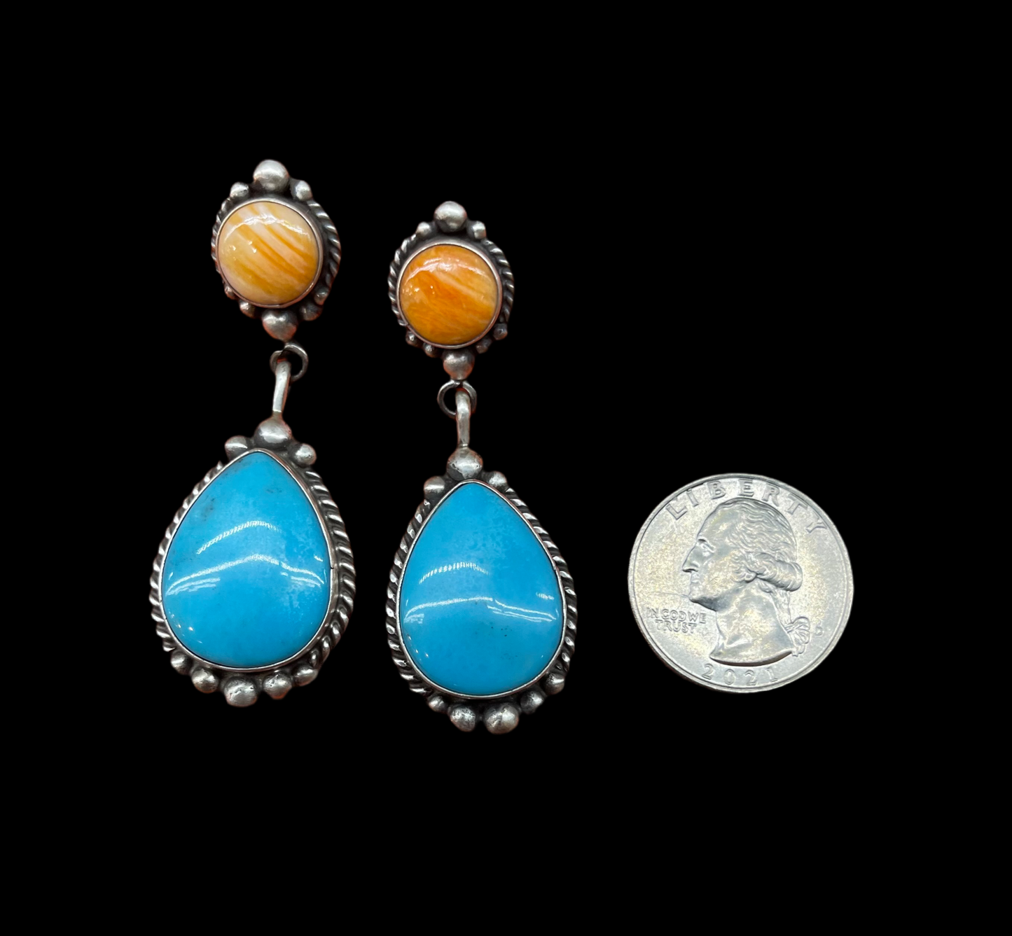 Spiny Oyster Shell and Sleeping Beauty Turquoise Earrings by Elouise Kee, Navajo