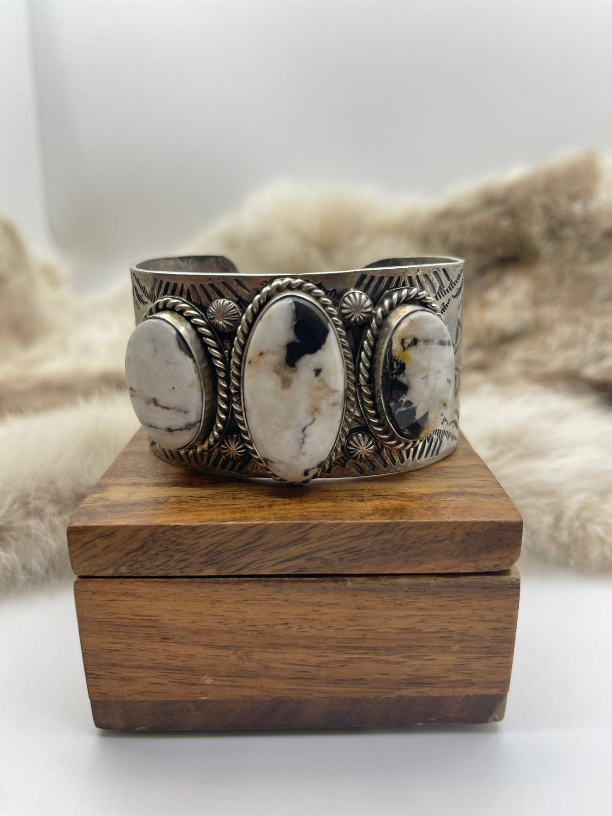 6.75"-7.25" 3 Stone White Buffalo Cuff by Boyd J. Ashley, Navajo