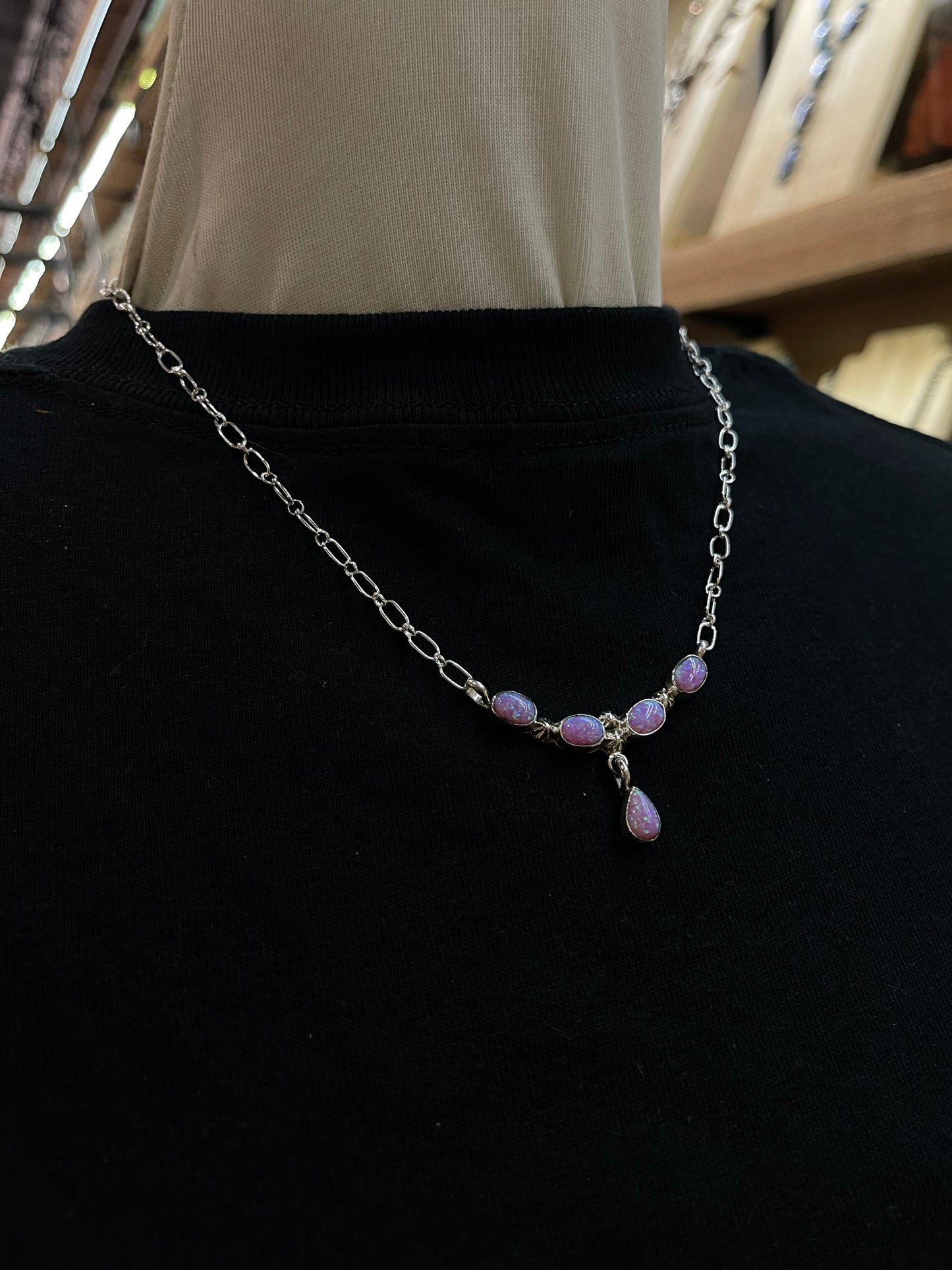 17" Pink Opal Dangle Necklace by Verley Betone, Navajo