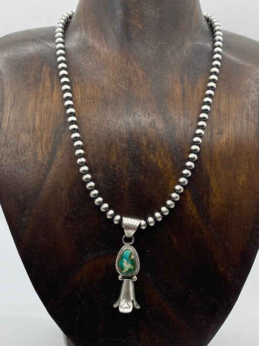 16" 5mm Navajo Pearls Necklace with Sonoran Gold Turquoise Blossom Pendant by Samuel Yellowhair, Navajo