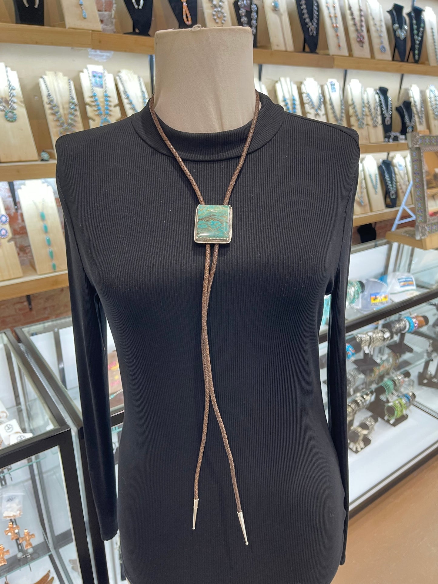 Square Kingman Turquoise Bolo Tie by Carrie Cannon, Kiowa