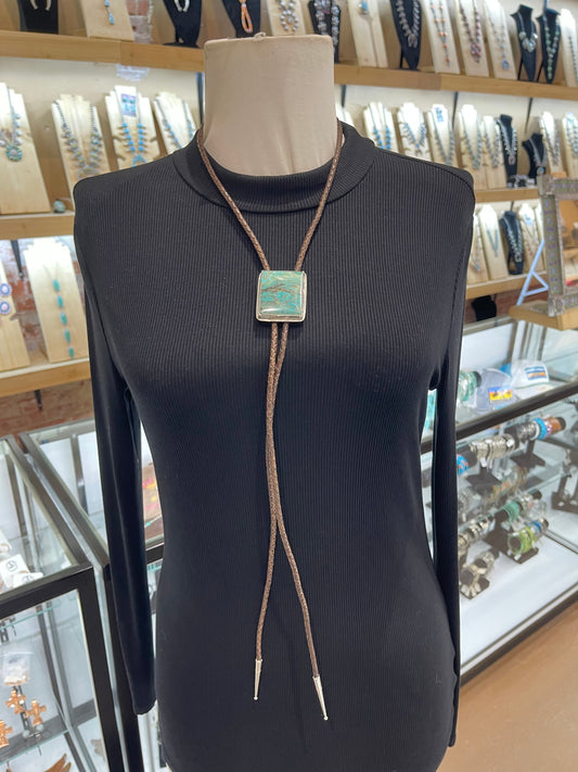 Square Kingman Turquoise Bolo Tie by Carrie Cannon, Kiowa