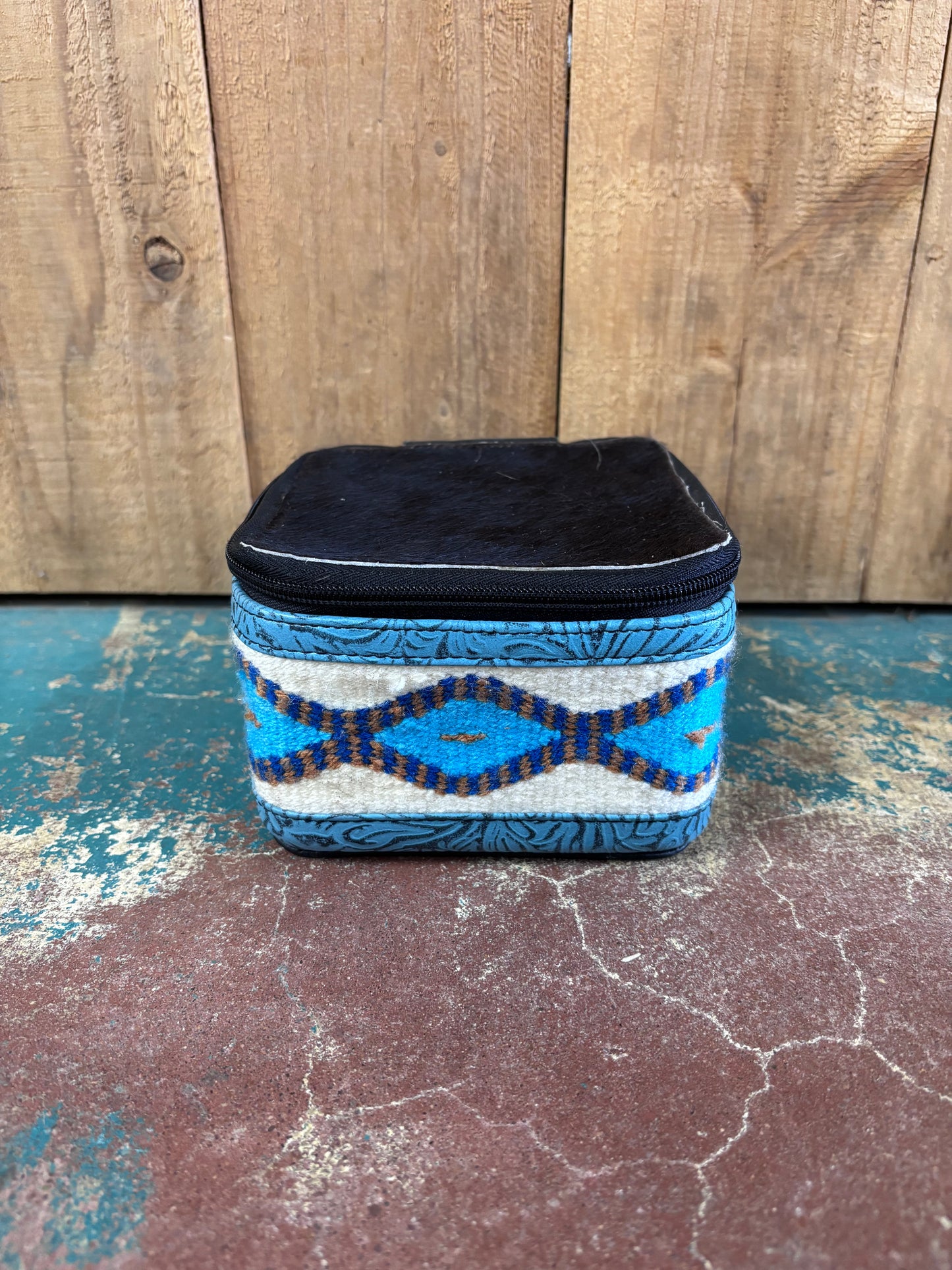 Small Square Black Cowhide Blue And White Knitted Jewelry Box