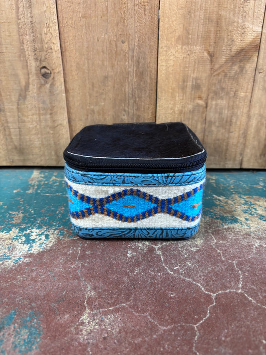 Small Square Black Cowhide Blue And White Knitted Jewelry Box