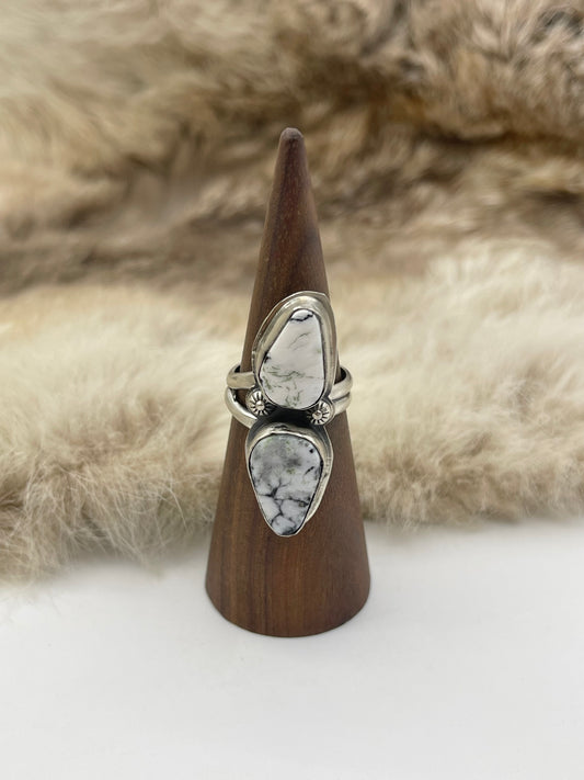 7.5 Semi Adjustable 2 Stone White Buffalo Ring by Boyd Ashley, Navajo