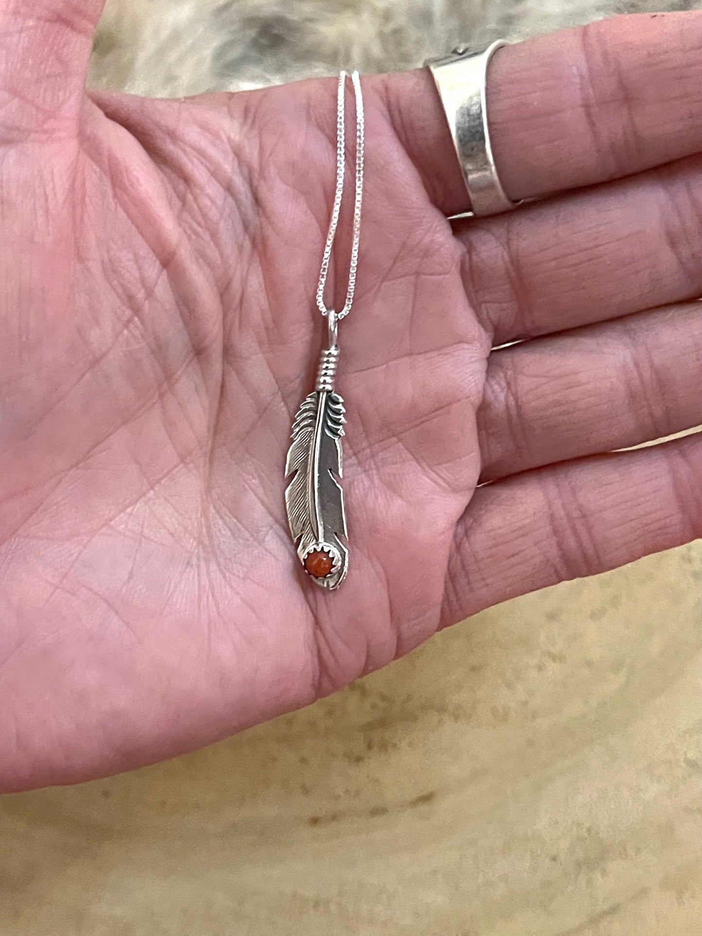 20" Feather Pendant with Coral Stone by Louise Joe, Navajo