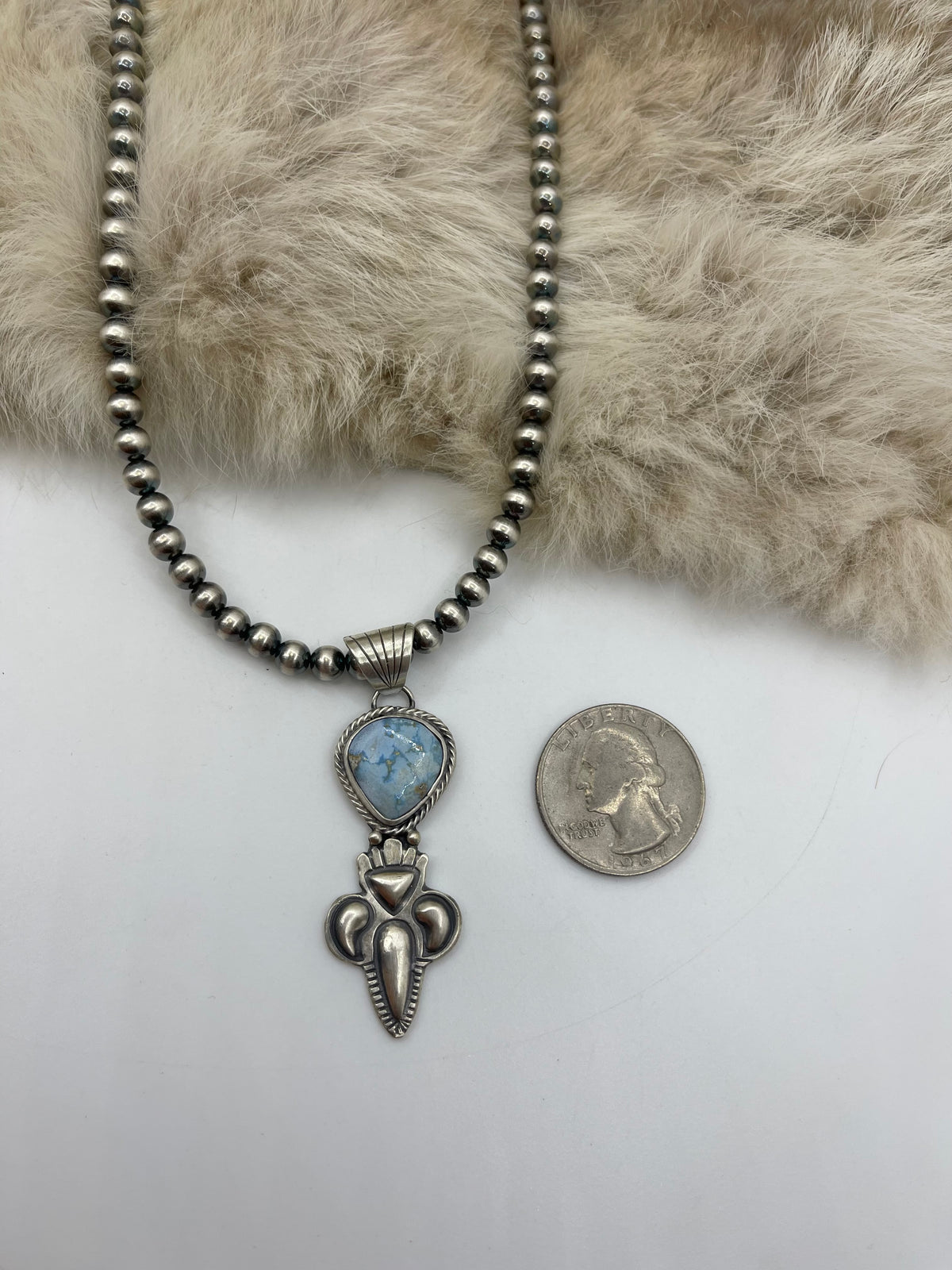 16” 5mm Navajo Style Pearls Golden Hills Turquoise Pendant by Gary Shorty, Navajo