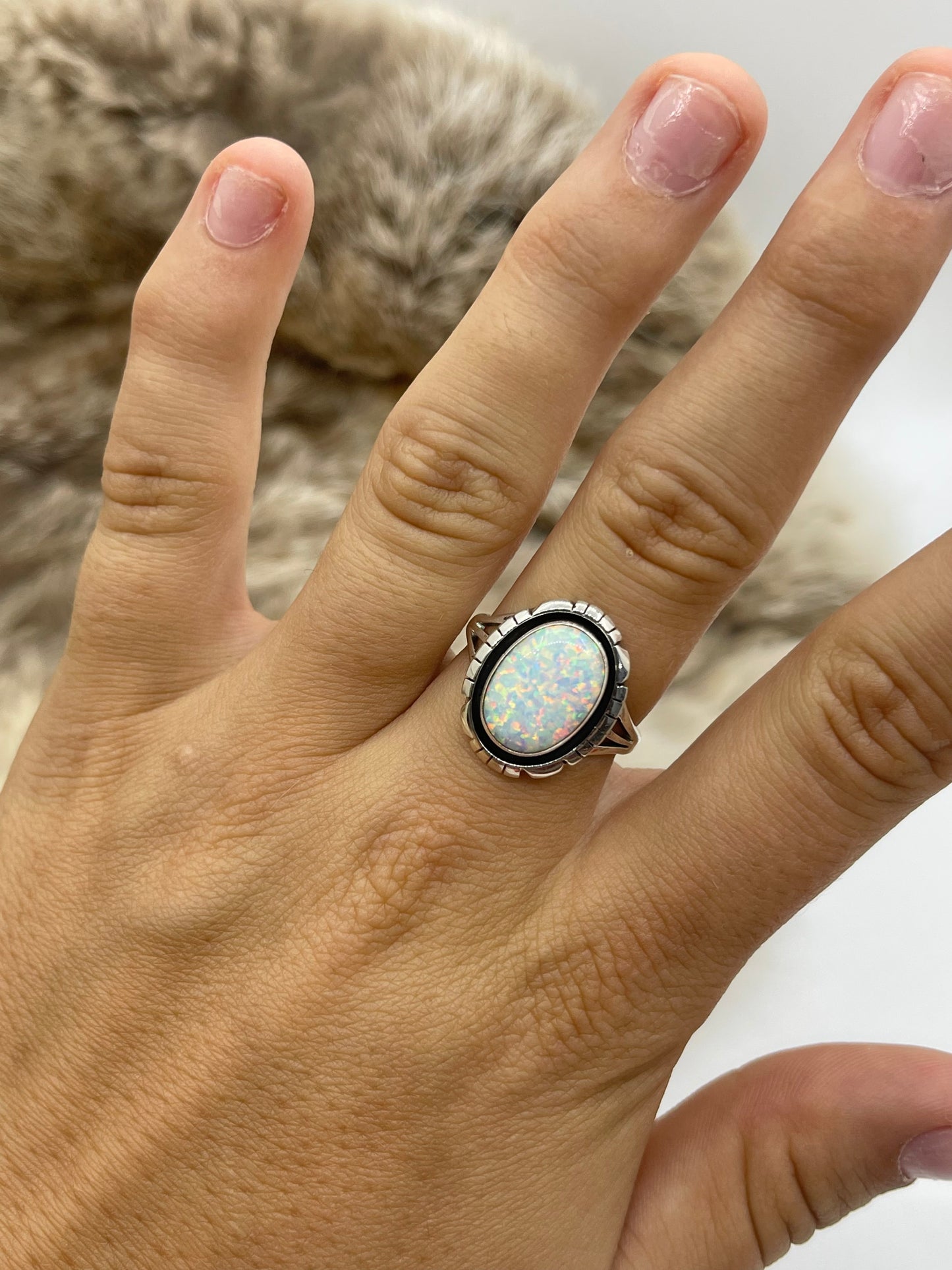 8.0 White Opal Ring by Amos Begay, Navajo