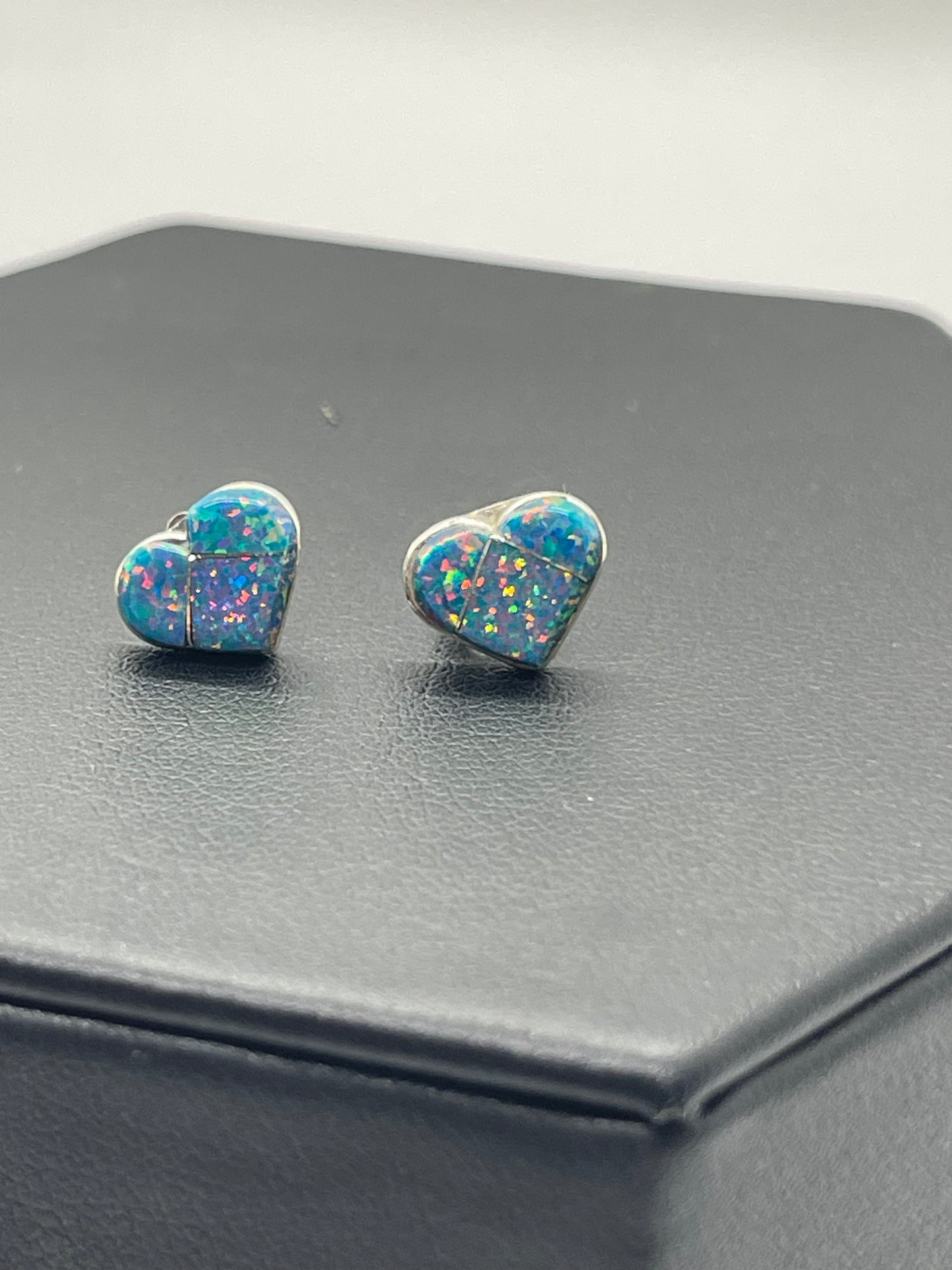 Dainty Blue Opal Heart Earrings by Linda Chavez, Zuni