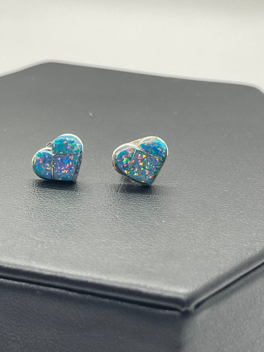 Dainty Blue Opal Heart Earrings by Linda Chavez, Zuni