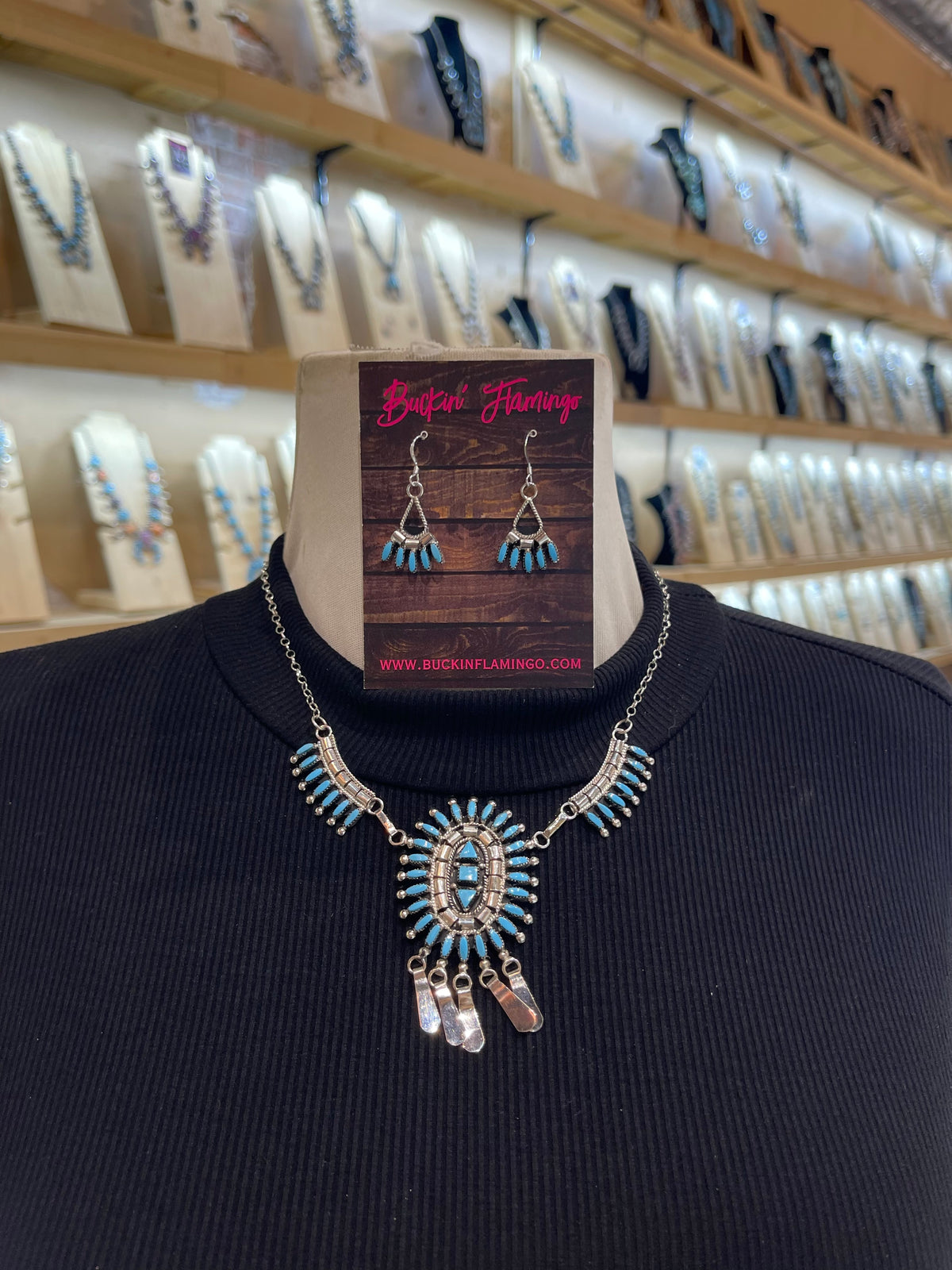 LOT 16 9/20 Sleeping Beauty Turquoise Needlepoint Necklace & Earring Set by Evonne Hutstito, Zuni