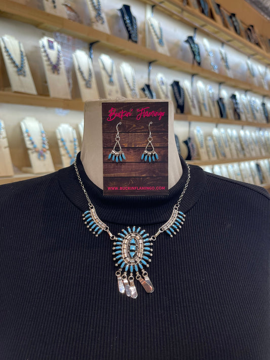LOT 16 9/20 Sleeping Beauty Turquoise Needlepoint Necklace & Earring Set by Evonne Hutstito, Zuni