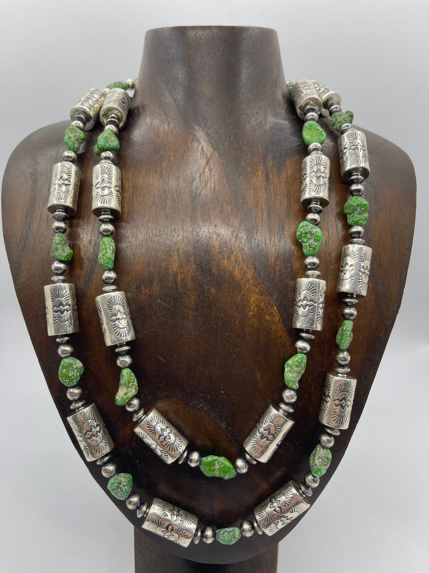 44'' Stamped Navajo Style Barrel Beads With Green Sonoran Gold Turquoise