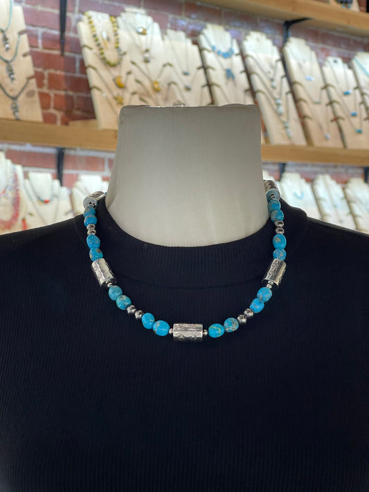 20" Natural Sleeping Beauty Turquoise Nugget Necklace wtih Silver Beads