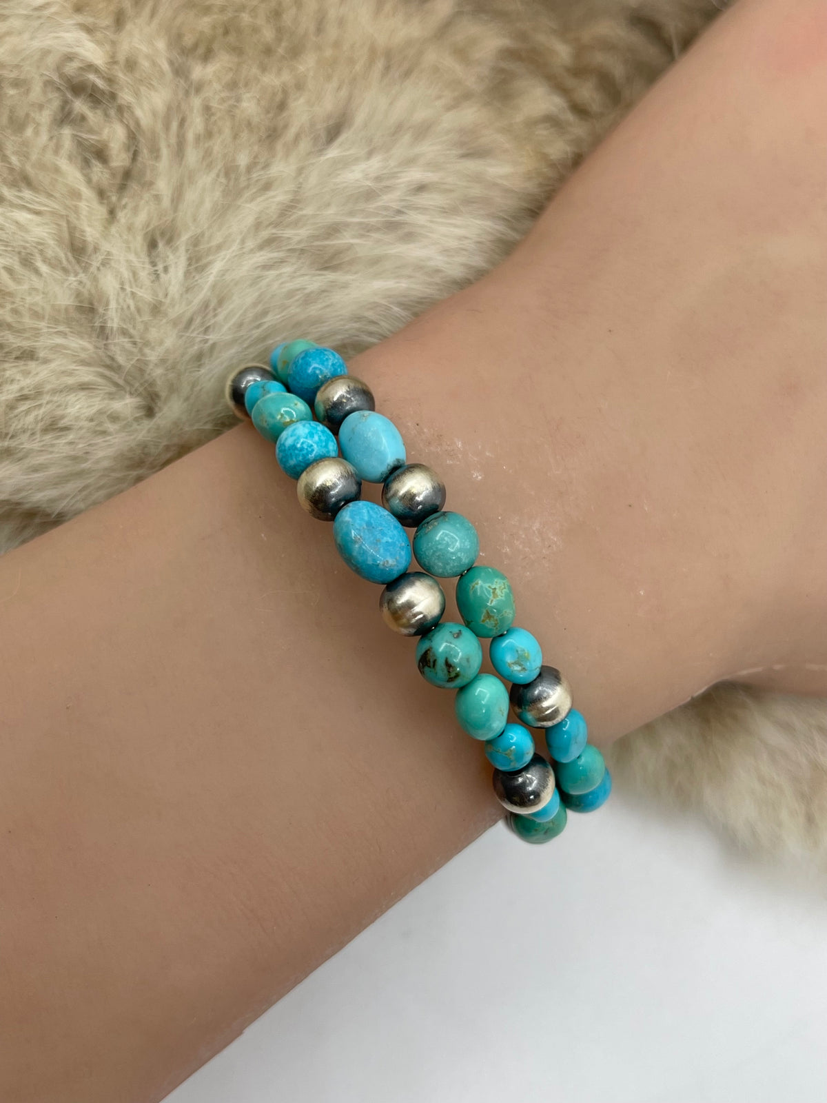 Memory Wire Bracelet with Sleeping Beauty Turquoise & Navajo Style Pearls