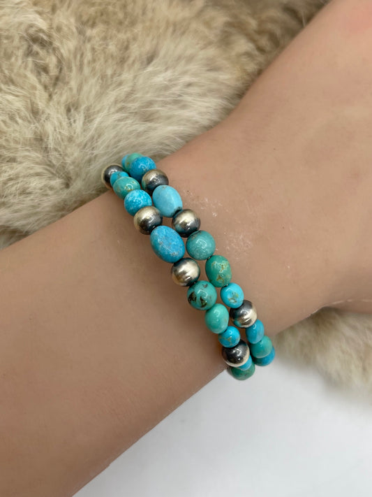 Memory Wire Bracelet with Sleeping Beauty Turquoise & Navajo Style Pearls
