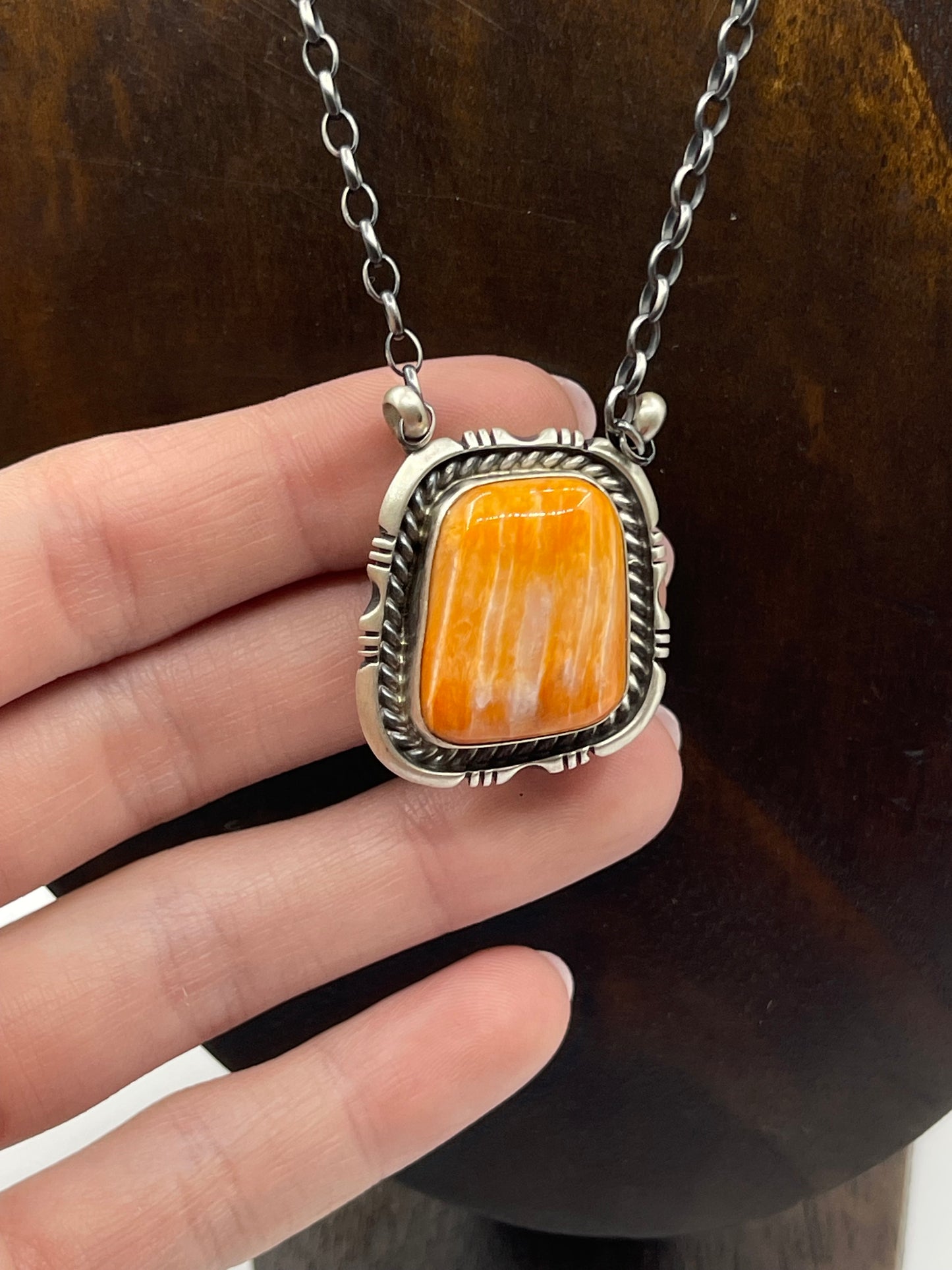 16" Orange Spiny Oyster Shell Square Necklace by Alfred Martinez, Navajo