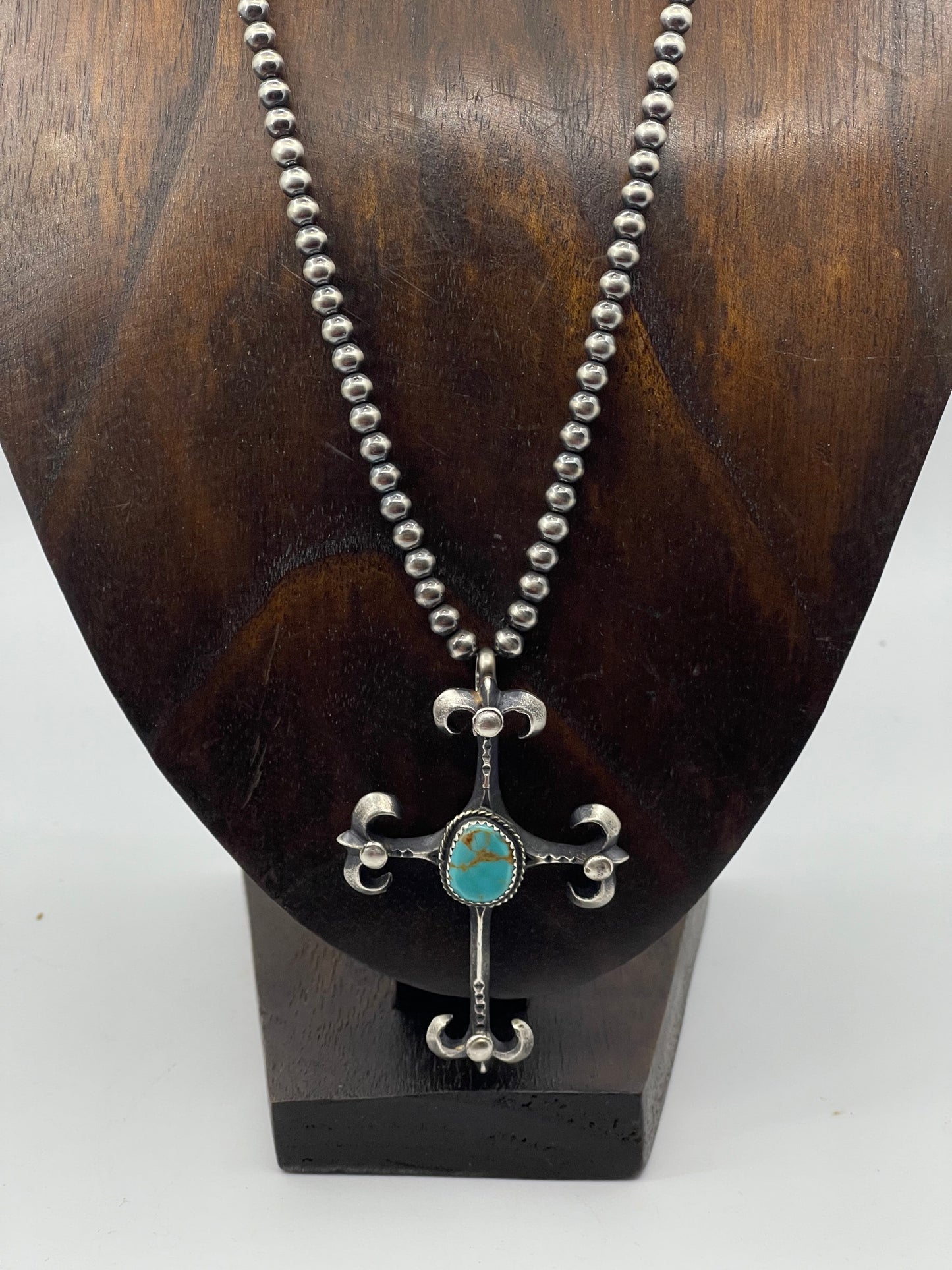 18" 5mm Navajo Pearls with a Turquoise Cross by Martha Cayatineto, Navajo