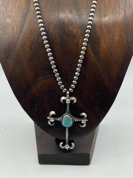 18" 5mm Navajo Pearls with a Turquoise Cross by Martha Cayatineto, Navajo