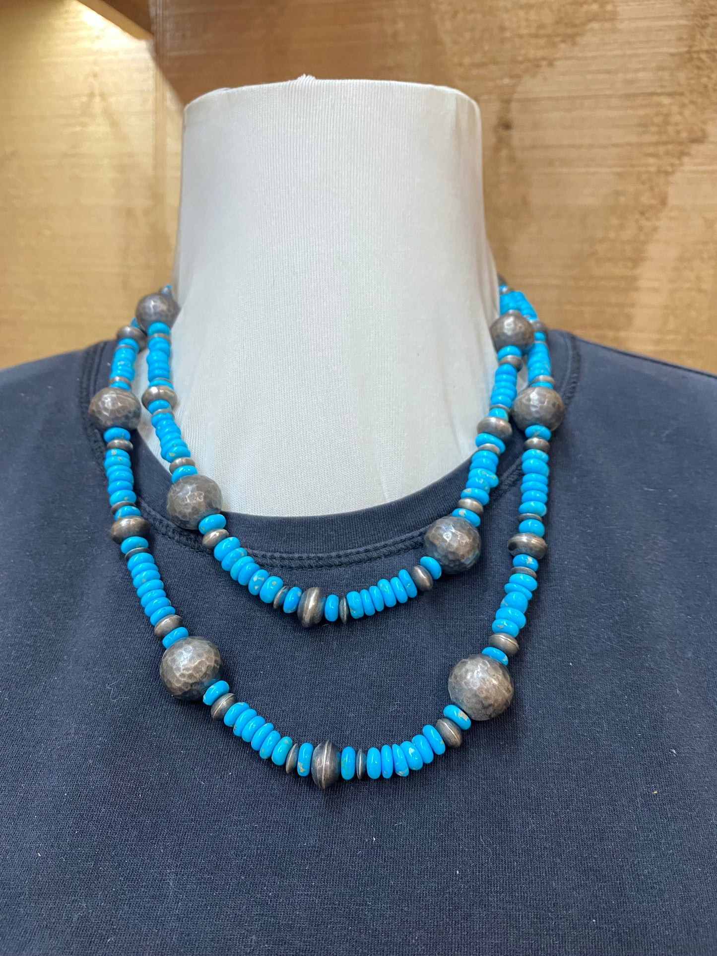 42" Handmade Textured Sterling Silver Beads, Sleeping Beauty Turquoise Beads, and Navajo Saucers