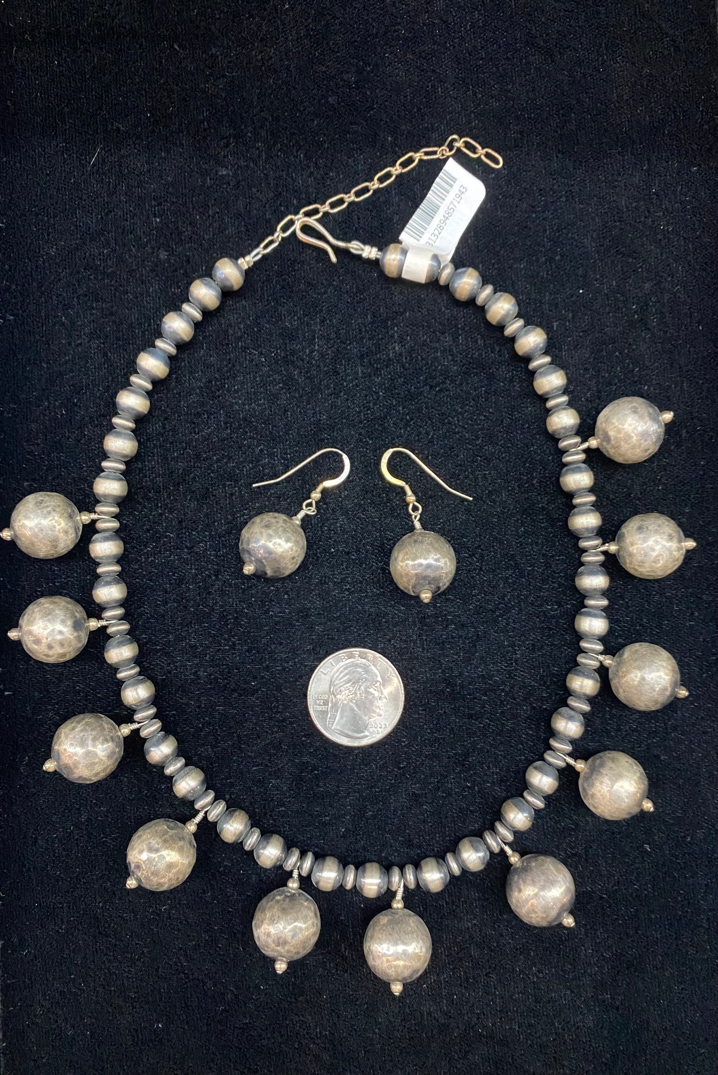 17" 8mm Navajo Style Pearl with Textured Sterling Silver Beads Earring and Necklace Set