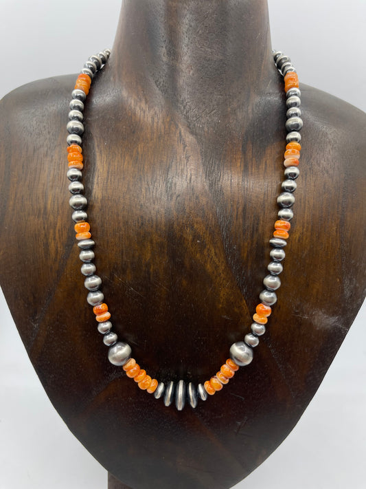 18" Orange Spiny Oyster Shell and Navajo Pearls Necklace