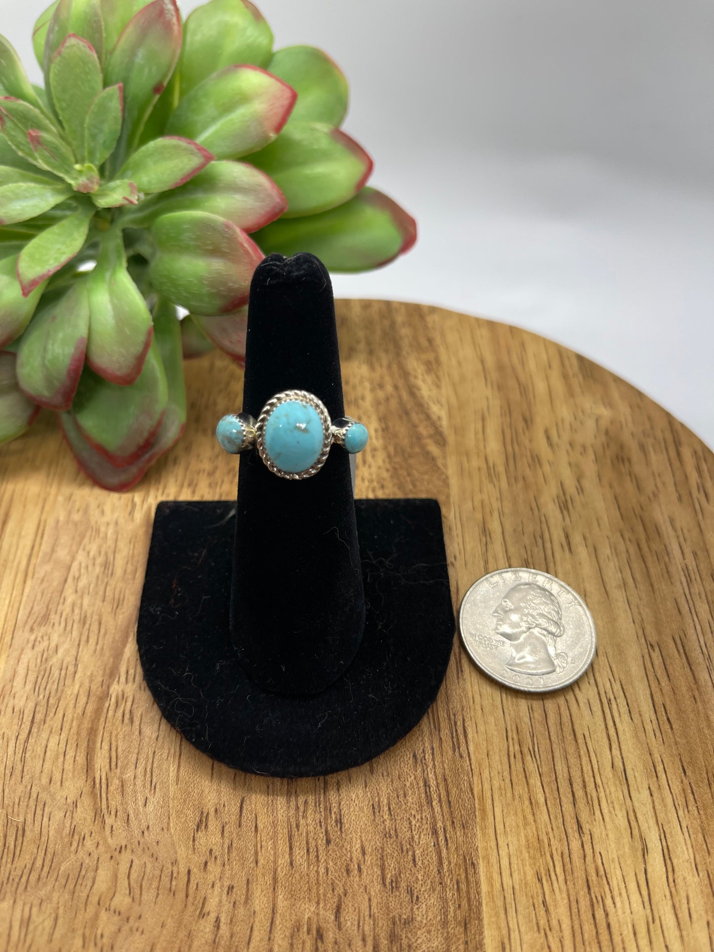5.0 3 Stone Turquoise Ring by Dorothy Lee, Navajo