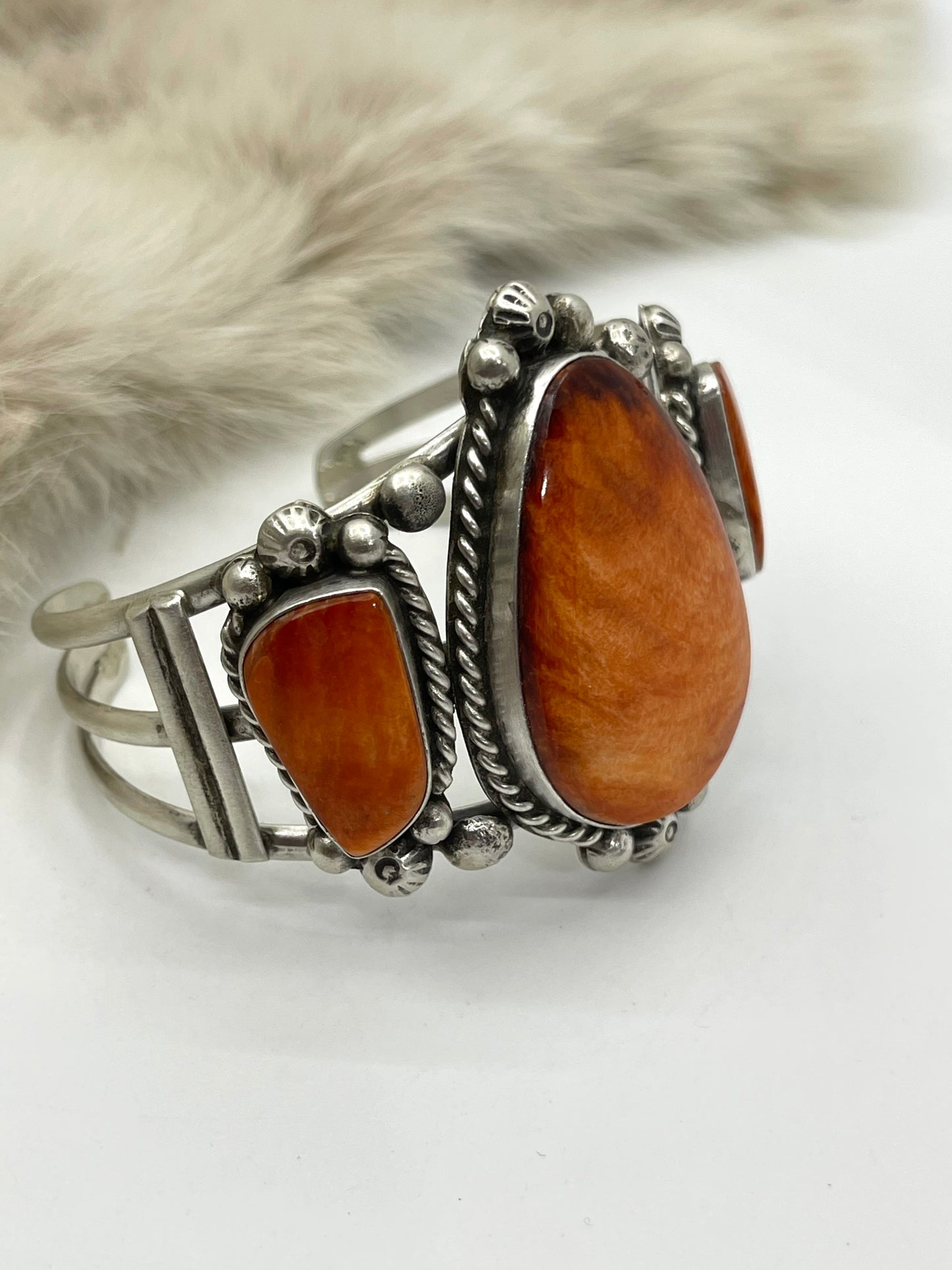 3 Stone Orange Spiny Oyster Cuff by Augustine Largo, Navajo
